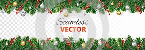 Vector Christmas decoration. Christmas tree border with holly berry and ornaments