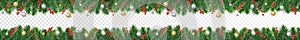 Vector Christmas decoration. Christmas tree border with holly berry and ornaments