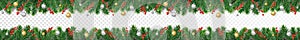 Vector Christmas decoration. Christmas tree border with holly berry and ornaments photo