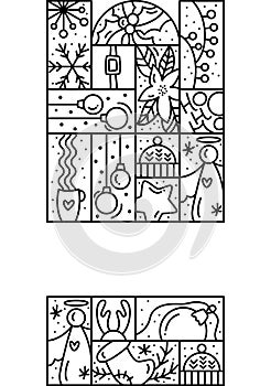 Vector Christmas decoration monoline frame with place for text. Winter line drawing art. Holiday greeting card ball