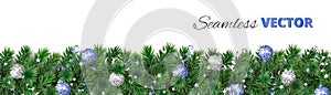 Vector Christmas decoration. Pine tree garland with blue and silver ornaments