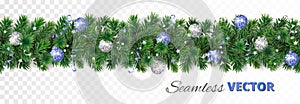 Vector Christmas decoration. Pine tree garland with blue and silver ornaments