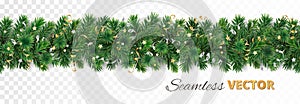 Vector Christmas decoration. Pine tree garland with golden confetti