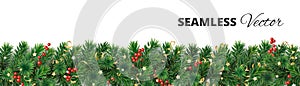 Vector Christmas decoration. Pine tree garland with holly berries.