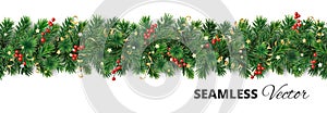 Vector Christmas decoration. Pine tree garland with holly berries.