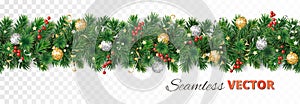 Vector Christmas decoration. Pine tree garland with ornaments