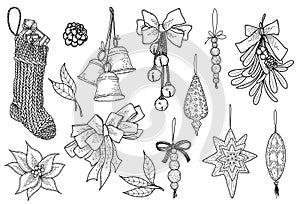 Vector Christmas decorations. Hand drawn Christmas sock, bells, balls, poinsettia and leaves, bow and Christmas garland.
