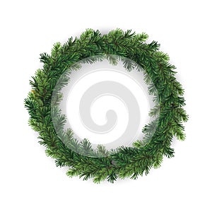 Vector christmas decorative round wreath frame with coniferous branches isolated on white background