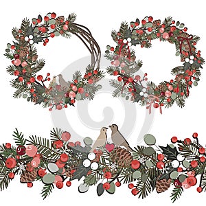 Vector Christmas decorative set with wreath and seamless border. Vine and pine branches, berries, ilex, cedar cones, and