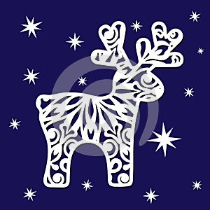 Vector Christmas deer stencil with openwork pattern