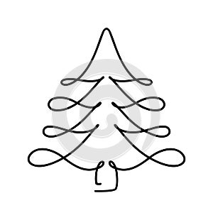 Vector Christmas fir tree monoline art. Continuous one line drawing pine. illustration minimalistic design for xmas and