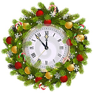 Vector Christmas Fir Wreath with Clock