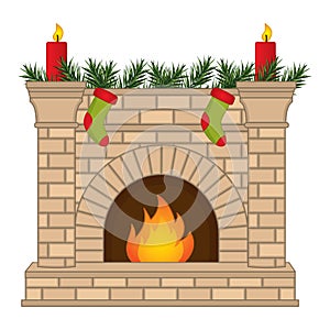 Vector Christmas Fireplace Decorated with Socks and Candles