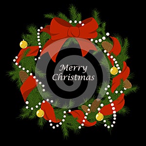 vector christmas firry wreath with red ribbon
