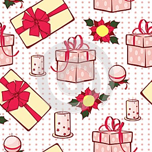Vector Christmas gifts boxes and candles seamless repeat pattern background. Can be used for holiday giftwrap, fabric