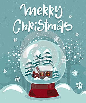 Vector Christmas greeting card with illustration of snow globe with a small house