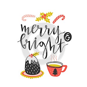 Vector christmas greeting illustration with Hand drawn stylish lettering