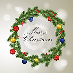 Vector christmas greeting with realistic beautiful christmas wreath frame decorated with colorful baubles and ribbons