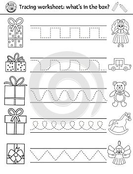 Vector Christmas handwriting practice worksheet. Winter printable black and white activity for pre-school children. Educational