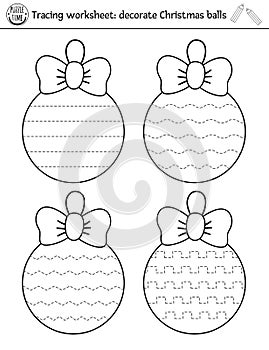 Vector Christmas handwriting practice worksheet. Winter printable black and white activity for pre-school children. Educational