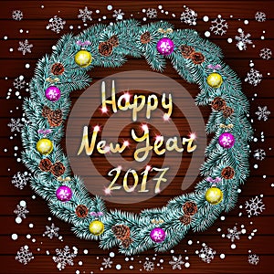 Vector Christmas happy new year 2017 wreath. background. snow. art