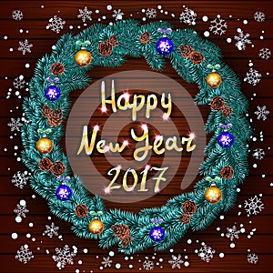 Vector Christmas happy new year 2017 wreath. background. snow. art