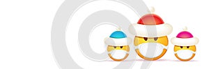 Vector Christmas horizontal banner with funky Emoji sticker with mouth medical protection mask and santa claus red hat