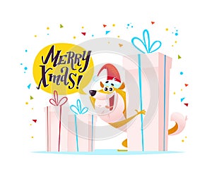 Vector christmas illustration of cheerful dog character in santa hat with big gift boxes & greeting isolated on white background.