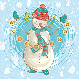 Vector Christmas illustration of cute snowman