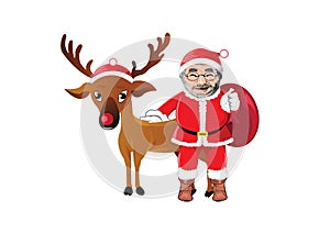 Vector christmas illustration of santa claus and red nosed reindeer