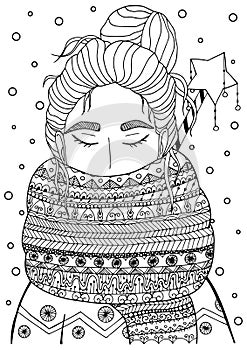 Vector Christmas illustration zentangl girl in scarf. Doodle drawing.
