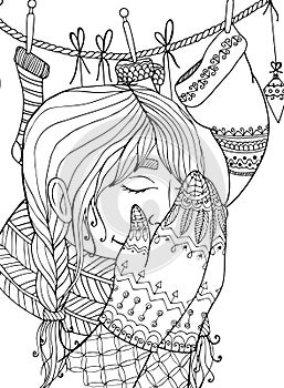 Vector Christmas illustration zentangl girl in scarf. Doodle drawing.