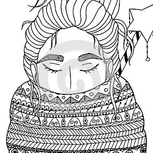 Vector Christmas illustration zentangl girl in scarf. Doodle drawing. Coloring book anti stress for adults. Meditative