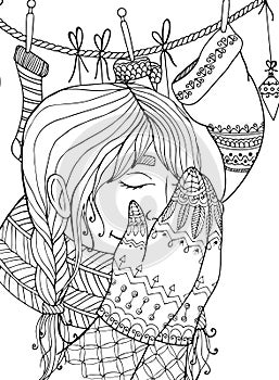 Vector Christmas illustration zentangl girl in scarf. Doodle drawing. photo