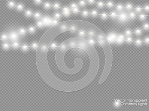 Vector christmas lights isolated on transparent background. Xmas glowing white semitransparent new year light decoration