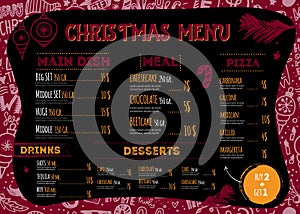 Vector Christmas Menu design with hand drawn doodle lettering. Restaurant template idea with balls