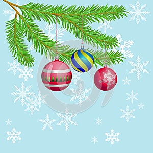 Vector Christmas or New Year background poster with fir-tree branches and hanging chrismas balls on blue with white snowflakes