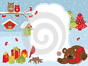 Vector Christmas and New Year Card Template with a Bear, Owls, Cardinal, Birdhouses and Gift Boxes on Snow Background.