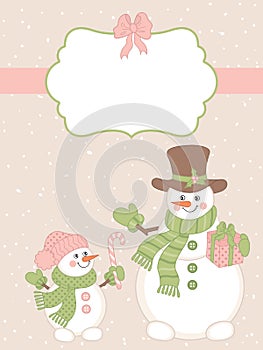 Vector Christmas and New Year Card Template with Cute Snowmen and Winter Elements