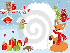 Vector Christmas and New Year Card Template with a Fox, Owls, Cardinal, Birdhouses and Gift Boxes on Snow Background.