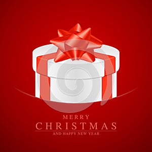 Vector Christmas or New Year gift. White holiday box with red ribbon and bow on red background. Festive greeting card