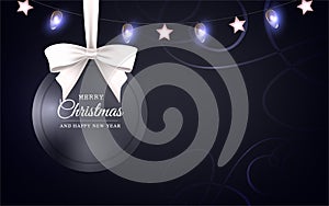 Vector Christmas and New Year greeting card with round frame, bow and Christmas lights on black background with ornament.