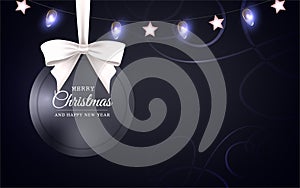 Vector Christmas and New Year greeting card with round frame, bow and Christmas lights on black  background with ornament.