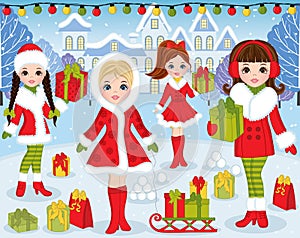 Vector Christmas and New Year Set with Beautiful Girls and Xmas