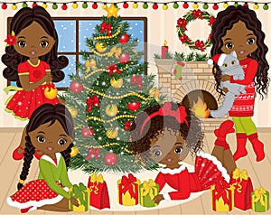 Vector Christmas and New Year Set with Cute Little African American Girls and Winter Elements