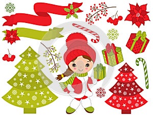 Vector Set with Cute Little Girl and Christmas Festive Elements