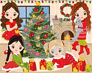 Vector Christmas and New Year Set with Cute Little Girls, Xmas Tree and Fireplace