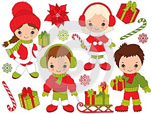 Vector Christmas and New Year Set with Little Kids and Winter Elements