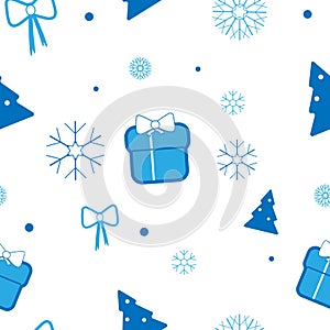 Vector Christmas pattern with Christmas tree, gifts, bows and snowflakes on light background