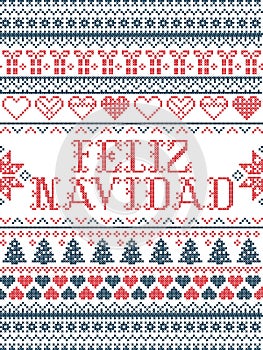 Vector Christmas pattern Feliz Navidad inspired by festive, winter Nordic culture in cross stitch with hearts, christmas present